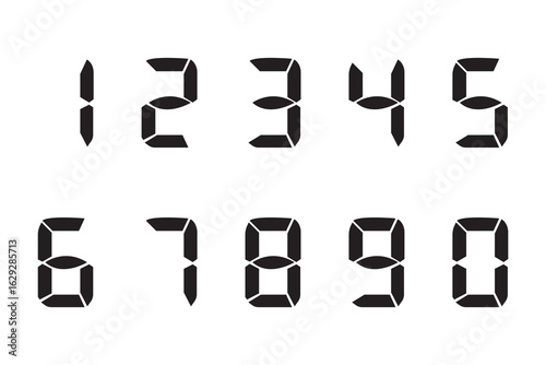 Black digital numbers. Seven-segment display is used in calculators, digital clocks or electronic meters. Vector illustration