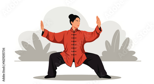 Woman in a traditional orange changshan jacket practicing a Tai Chi horse stance.