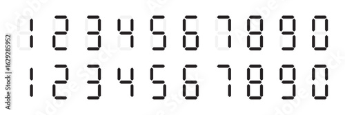 Black digital numbers. Seven-segment display is used in calculators, digital clocks or electronic meters. Vector illustration