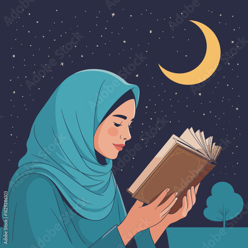 A beautiful illustration depicting a young woman deeply engrossed in reading a book beneath a starry sky illuminated by a gentle crescent moon, evoking curiosity and calm.