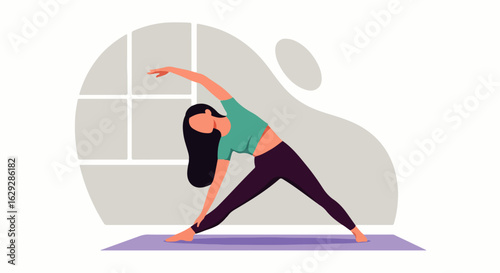 Flat vector illustration of a woman in a Triangle Pose (Trikonasana) on a purple mat.