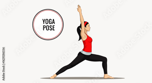 Illustration of a woman in a red top and black leggings practicing the Warrior I yoga pose, Virabhadrasana I.