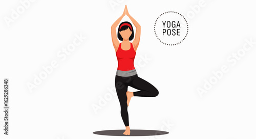 Illustration of a woman in red and black sportswear practicing the Tree Pose yoga asana.