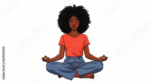 Serene Black woman with a voluminous afro hairstyle meditating in a lotus pose.