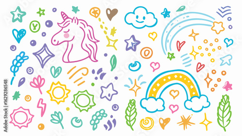 Illustration featuring a unicorn head, rainbow, stars, hearts, and other whimsical doodle elements