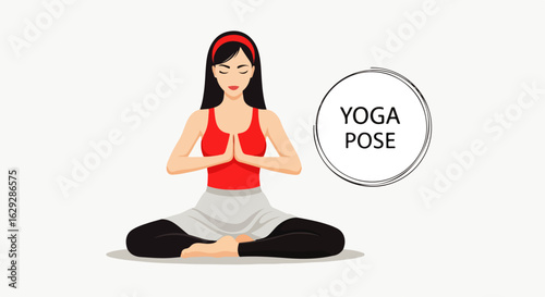 Serene woman with black hair in red top meditating in a cross-legged yoga pose, Anjali Mudra.