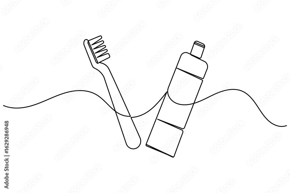 Fototapeta premium Continuous line drawing of a toothbrush with toothpaste, ideal for dental hygiene, teeth brushing, and oral care themes