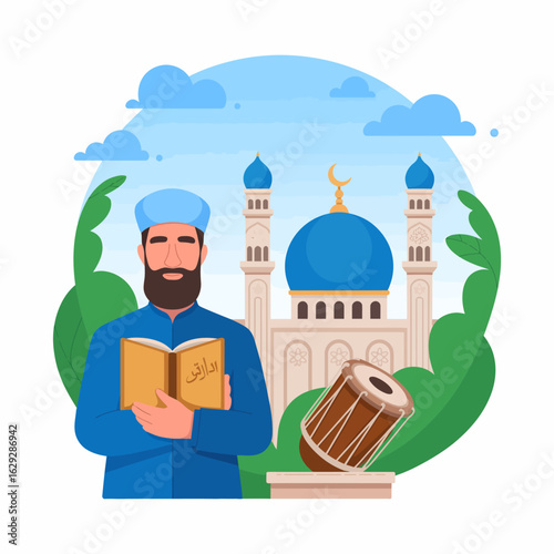 A cultural figure stands confidently holding a religious book in front of a majestic mosque, symbolizing strength, identity, and the importance of tradition in society.