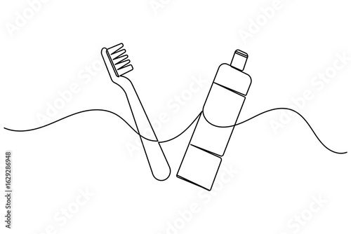 Continuous line drawing of a toothbrush with toothpaste, ideal for dental hygiene, teeth brushing, and oral care themes
