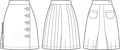 Three skirt styles front view, A-line with buttons, pleated skirt design, flared back pockets skirt, garment fashion sketch, clothing vector illustration template.