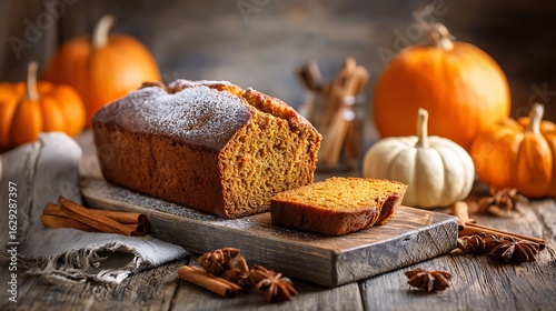 Pumpkin bread loaf with slice removed, cozy autumn scene with pumpkins and cinnamon, halloween theme, empty top space for message