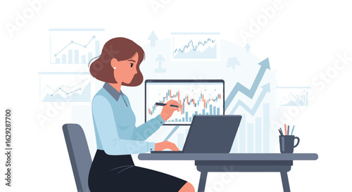A businesswoman or female financial analyst working on a laptop, analyzing stock market data, charts, and graphs for investment. Vector illustration concept.