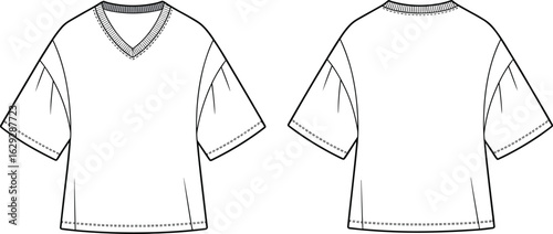 Short-sleeved shirt technical drawing, V-neck and round collar, loose fit garment sketch, dropped shoulders design, front and back view, sewing pattern illustration.