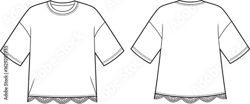 Short-sleeved lace trim shirt technical sketch, round neckline fashion drawing, floral scalloped hem, front back garment view, sewing pattern, apparel design illustration.