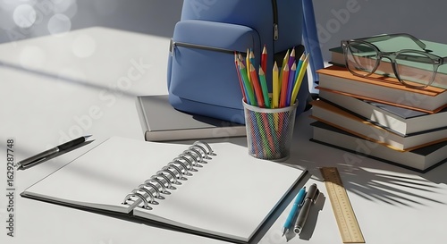 A school desk with a blue backpack books glasses pencils and an open notebook ready for study