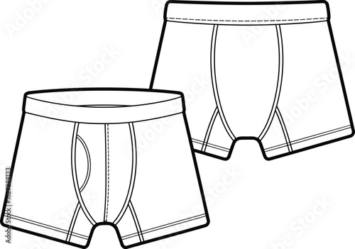 Boxer briefs sketch, front and back view, waistband design, stitching details, minimal underwear template, fashion flat vector, men’s garment illustration, apparel mockup.