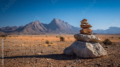 Stacked rocks form a cairn in the desert landscape with distant mountains