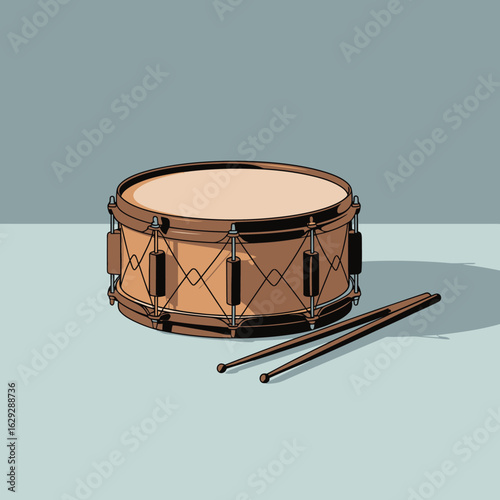 A modern illustration of a snare drum accompanied by drumsticks, showcasing the beauty of percussion instruments within a minimalist and artistic representation.