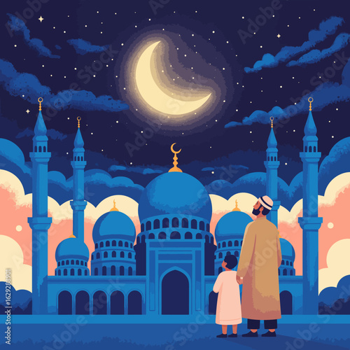 A father and son stand in admiration of a stunning mosque under a starry sky, featuring a large crescent moon, embodying spirituality and familial bonds during peaceful nights.