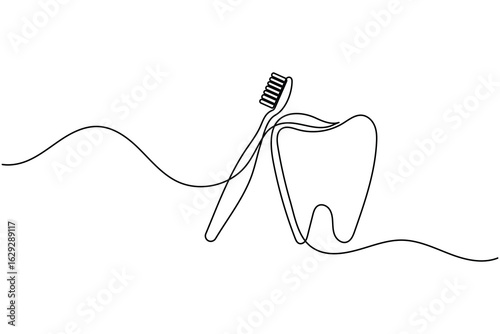 Continuous line drawing of a toothbrush with toothpaste, ideal for dental hygiene, teeth brushing, and oral care themes