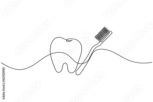 Continuous line drawing of a toothbrush with toothpaste, ideal for dental hygiene, teeth brushing, and oral care themes