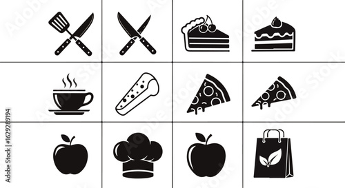 A collection of twelve black food and cooking glyph icons, including pizza, cake, and kitchen utensils.