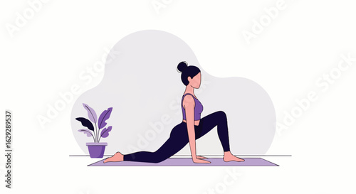 Faceless woman with a hair bun in a low lunge yoga pose, wearing purple sportswear on a mat. Minimalist vector illustration.