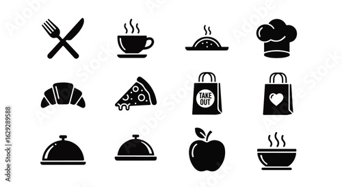 Food and restaurant solid glyph icon set featuring cutlery, coffee, pizza, takeout bag, and chef hat.
