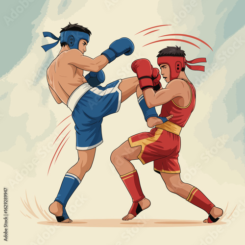 This image captures a dynamic scene of two martial artists in a fierce sparring match, showcasing skill, athleticism, and the excitement of combat sports.