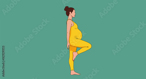 Side profile illustration of a pregnant woman in a yellow jumpsuit practicing a standing balance yoga pose.