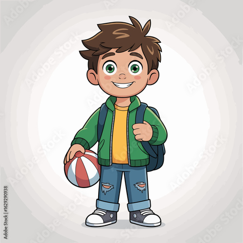 A cheerful young boy with a backpack, holding a colorful basketball, represents youthfulness and excitement for playtime and adventure in a vibrant cartoon style.
