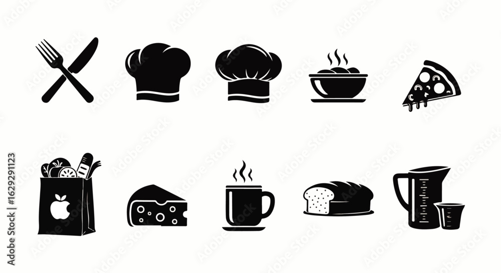A collection of black silhouette icons representing food, cooking, and kitchen items like a chef's hat, pizza, and utensils. A collection of black silhouette icons representing food, cooking, and kitchen items like a chef's hat, pizza, and utensils.