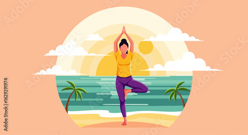 Woman in a yellow t-shirt and purple leggings performing the Vrksasana yoga tree pose.