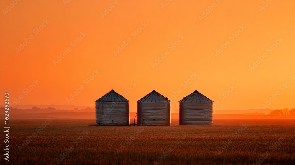Three silos stand silhouetted in a field against a vibrant orange sunset Three silos stand silhouetted in a field against a vibrant orange sunset