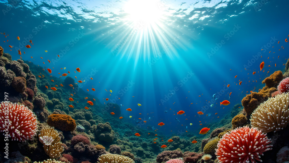 Fototapeta premium Vibrant Coral Reef Underwater Scene with Tropical Fish and Sun Rays