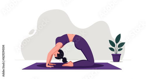 A flexible woman with black hair in a ponytail, wearing purple sportswear, performs a deep backbend yoga pose on a mat.