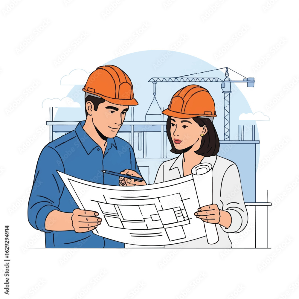 Fototapeta premium Two construction professionals in hard hats review blueprints on a building site with cranes in the background, discussing plans.