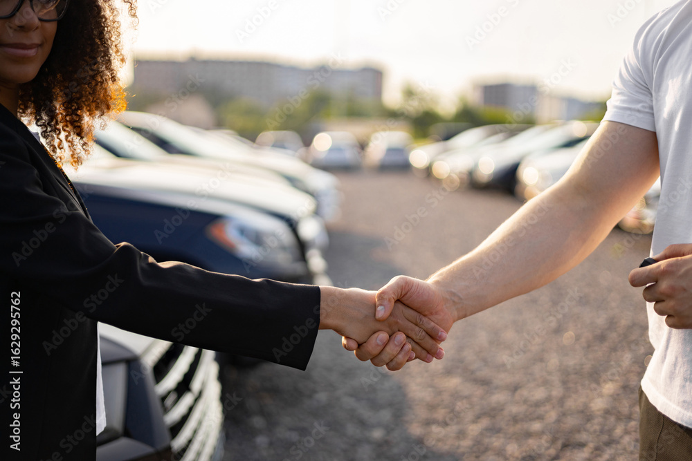 Ταπετσαρία A female car dealer shakes hands with a man after a car purchase, sealing the deal in a dealership
