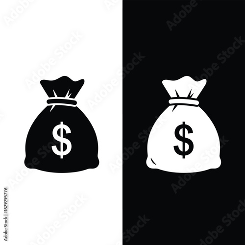 A minimalist black and white graphic showing two money bag icons with dollar signs, one inverted for contrast.