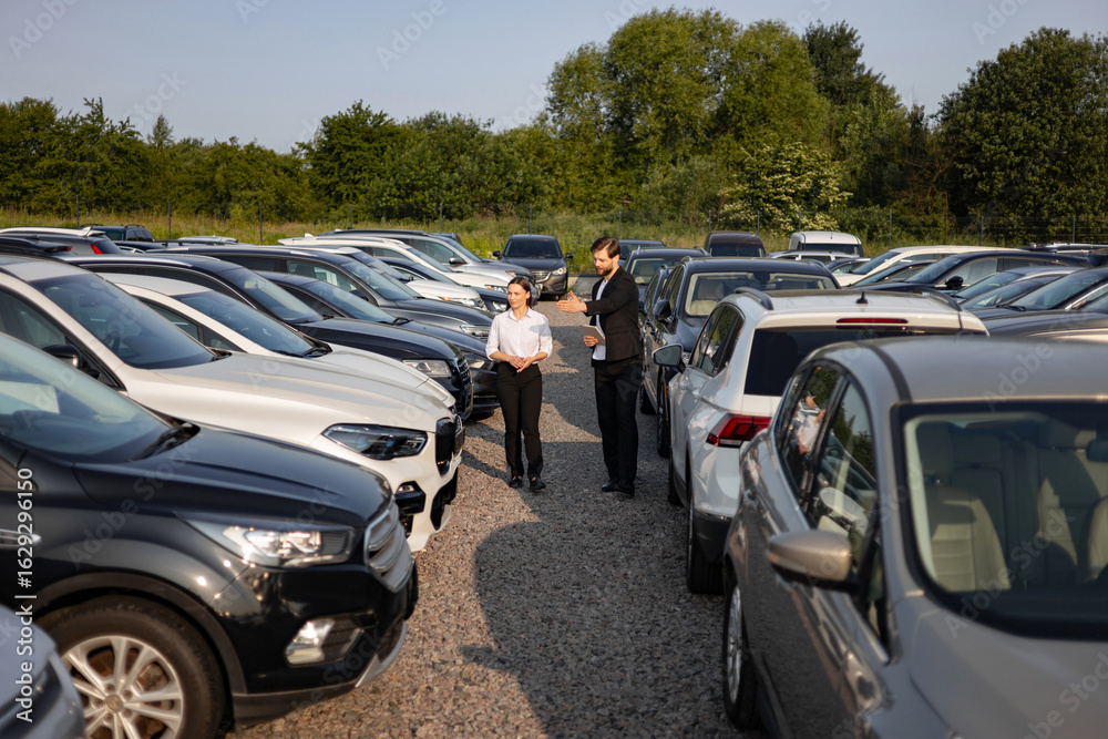 Fototapeta premium A male car dealer in a suit showing a car to a woman at a dealership, with various cars in the background.
