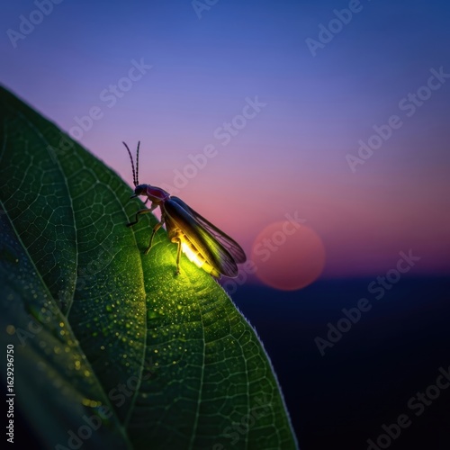 Firefly Glowing on a Leaf at Sunset
