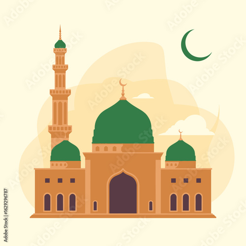 An artistic representation of a mosque featuring a prominent minaret and a large dome, signifying spirituality, community, and the artistic essence of architectural design.