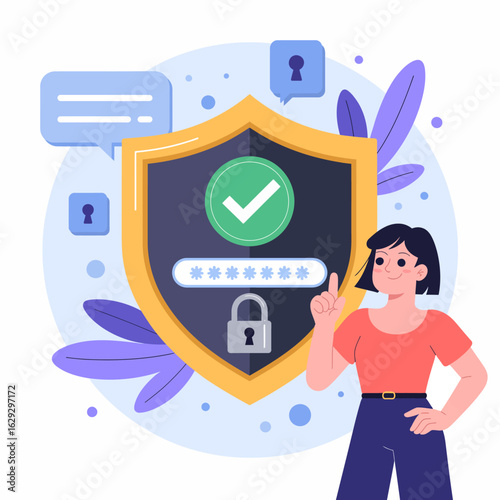 This image shows a confident woman standing beside a security shield and password field, representing empowerment and awareness in protecting personal data.