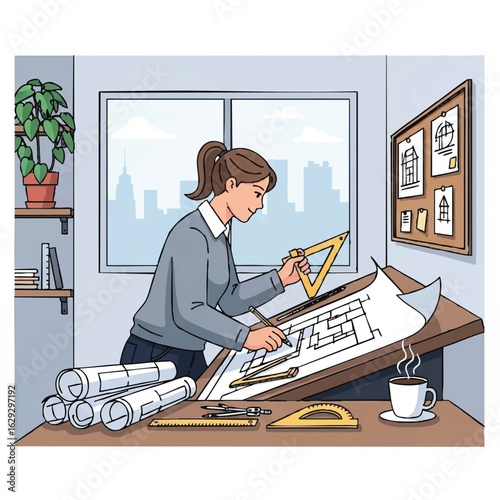 A female architect meticulously works on building plans in her office, using drafting tools with a cityscape visible through the window, showcasing professionalism and design.