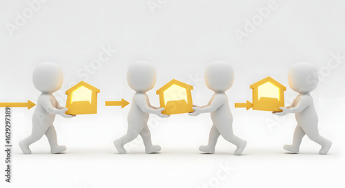 Illustration of people transporting houses, symbolizing concepts like property and housing markets