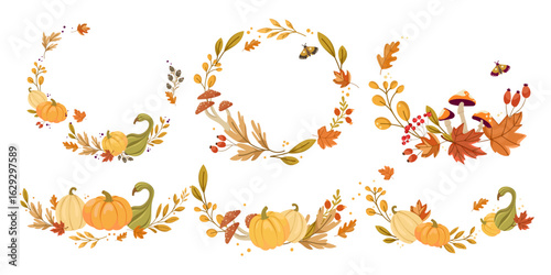Autumn elements set with wreaths and borders decorated with pumpkins, fall leaves, acorns, mushrooms, and wreaths in warm seasonal colors for Thanksgiving and harvest design themes.Vector illustration