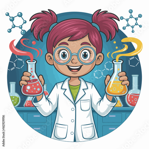 An enthusiastic child scientist holds colored beakers in a vibrant laboratory, embodying a lively spirit of discovery, exploration, and the joy of learning through science.