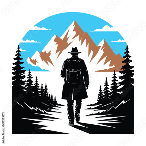 Solo Hiker on a Path Through the Mountains and Woods
