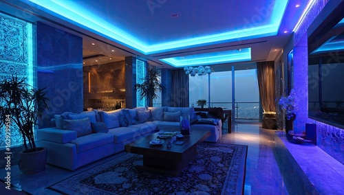 Modern living room  vibrant blue LED lighting