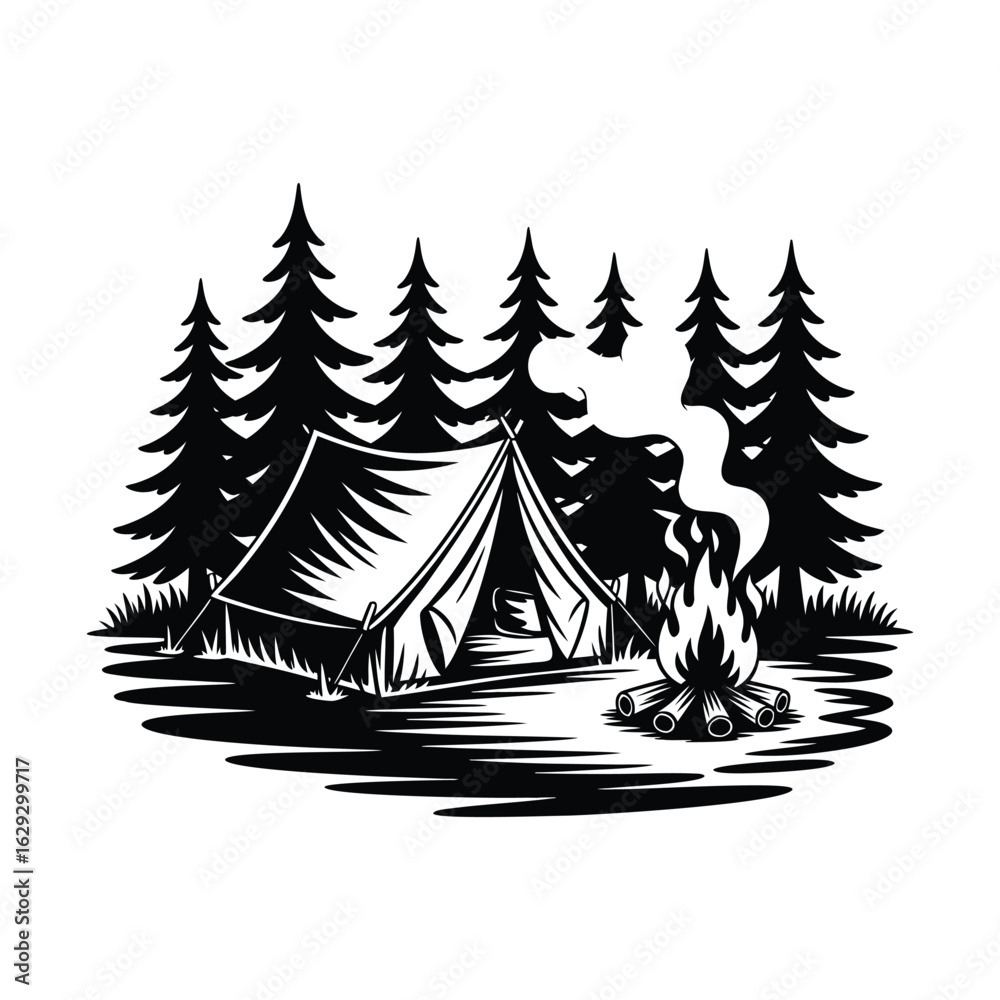 Obraz premium Night Campsite with Tent, Bonfire, and Starry Sky Graphic 
